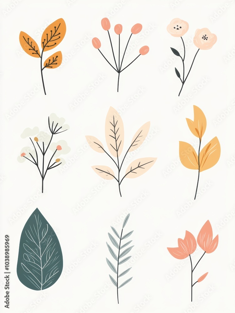 Aufkleber delicate doodles of various leaves and flowers arranged in a playful grid, showcasing earthy tones a