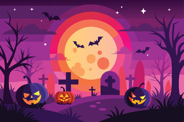 Fototapeta premium Spooky Halloween Night Cemetery Full Moon Bats
