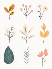 Delicate doodles of various leaves and flowers arranged in a playful grid, showcasing earthy tones and a charming minimalist style. Generative AI