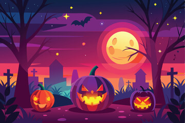 Spooky Halloween Night Cemetery Full Moon Bats