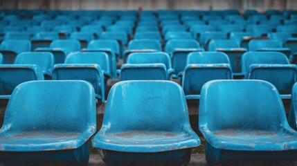 Naklejka premium Blue stadium seats arranged in rows at a sports venue ready for upcoming event