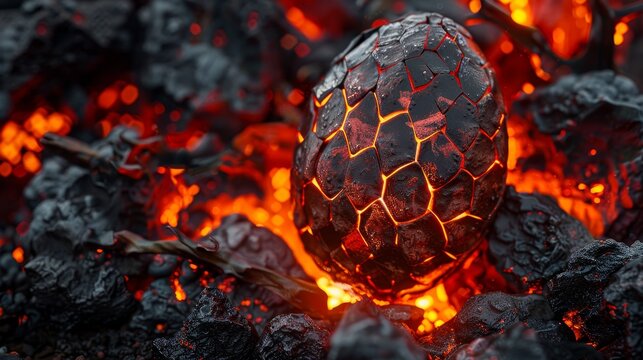 Intricate realistic image of a black and red dragon egg among fiery coals in a volcanic pit