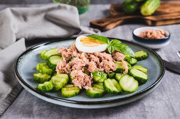 Appetizing salad of cucumber, canned tuna and egg on a plate on the table