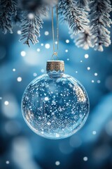 Christmas ornament in a glass ball with snowflakes on a fuzzy blue background