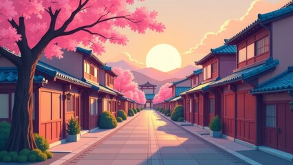 Obraz premium Serene japanese street at sunset with cherry blossoms and traditional architecture