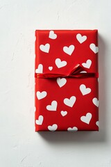 A beautifully wrapped red gift box adorned with white heart patterns on a simple background