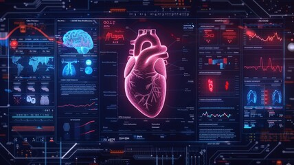 Futuristic medical dashboard with ai visualization of human heart and brain