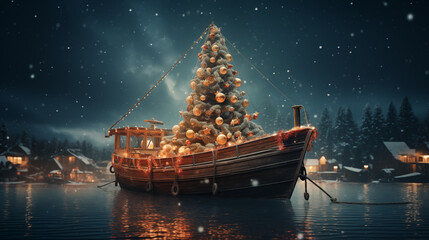Nautical Christmas Tree Scene on a starry night by the water ~ Created using Generative AI