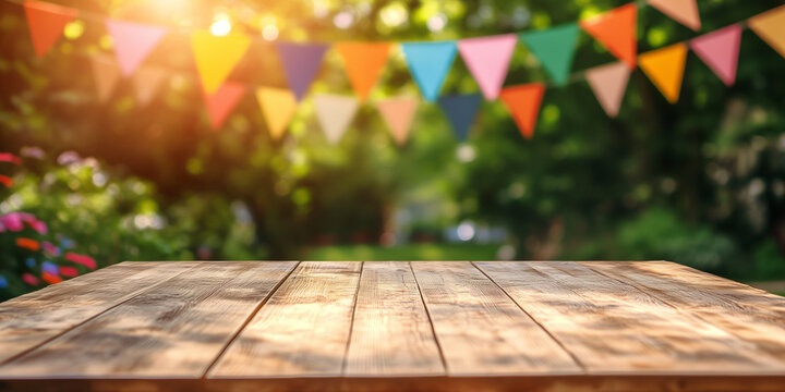 Wooden board table and blurred colorful summer garden party decoration flags setting in background.
