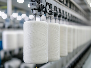 White Yarn Spools on Industrial Spinning Machine in Textile Factory