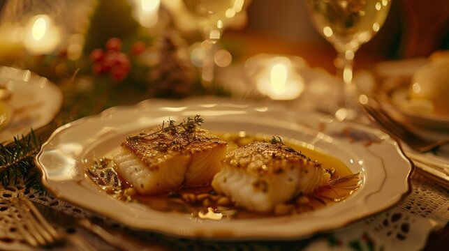 Delicious bacalao al pil pil  succulent codfish in garlic oil on a festive christmas table
