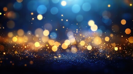 Naklejka premium Abstract glitter background with golden bokeh lights on a dark blue