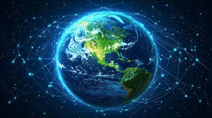 Fototapeta premium Earth Globe Surrounded by a Network of Interconnected Lines and Nodes Against a Starry Background