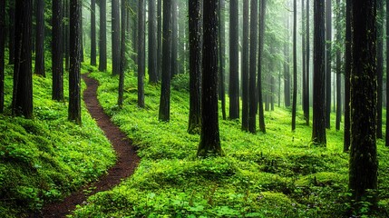 Obraz premium A narrow trail surrounded by towering trees and dense vegetation on either side