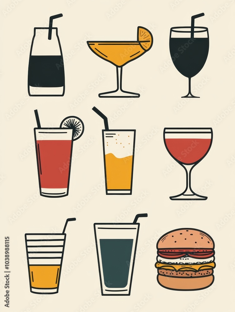 Poster a selection of various drinks and a burger presents a perfect setting for a laid-back dining experie