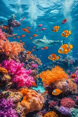 Naklejka premium Vibrant coral reef teeming with colorful fish in clear ocean waters during daylight hours