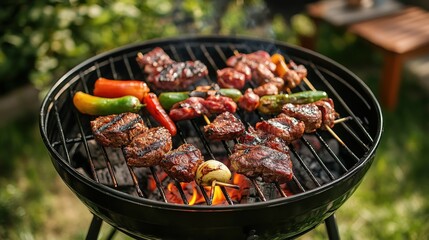 Barbecue Grill Loaded with Assorted Meats and Vegetables Including Peppers and Onions
