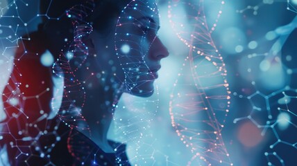 Futuristic woman with digital dna pattern and abstract network in cybernetic environment