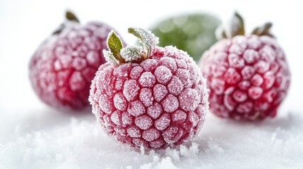 Frozen Berry isolated on white background closeup photo. Fruits in the freezer. Healthy diet red fruits concept design. Food banner with copy space.