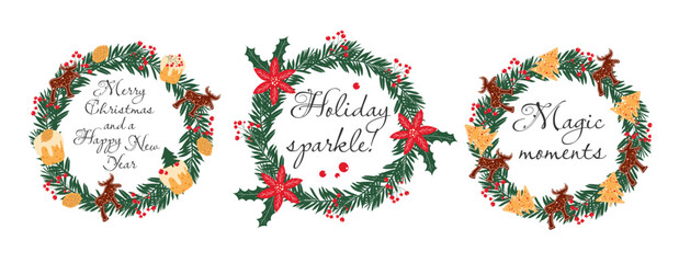 Hand drawn Christmas wreath set with fir tree branch, gingerbread reindeer and berries. Vector circle illustrative label