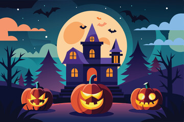 Haunted House Halloween Night Bats Pumpkins Scary