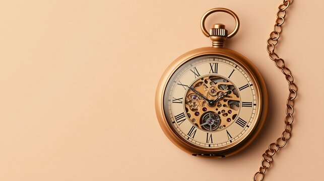 Vintage pocket watch with intricate gears and chain placed on a soft beige surface - Powered by Adobe