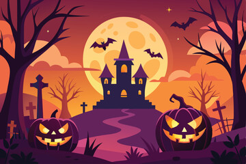 Fototapeta premium Spooky Halloween Night Haunted House Jackolantern