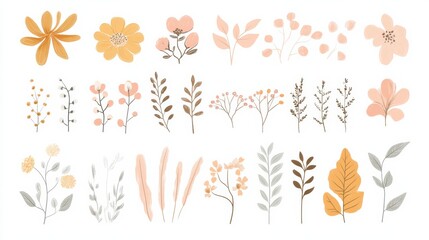 Delicate minimalist doodles feature an array of leaves and flowers in warm tones, celebrating the essence of nature's beauty. Generative AI