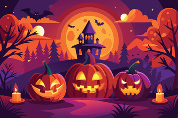 Spooky Halloween Night with JackOLanterns and Haunted House