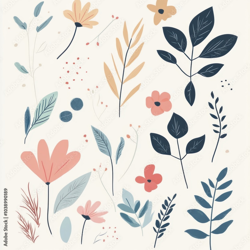 Poster delicate doodles showcase an array of leaves and flowers, highlighting soft colors that evoke a sere