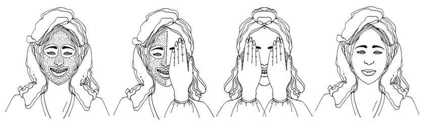 Woman wearing a beauty mask with a towel on her head. Different women set with natural cosmetics. Face skin. Rest. Cosmetology. Salon. Services. Hand drawn vector illustration