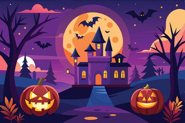 Halloween Night Haunted Castle with Pumpkins