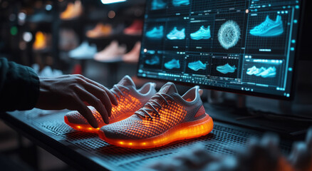 A person examines glowing sneakers in a modern store with digital displays in the evening