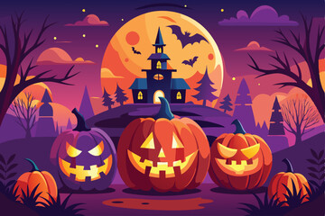 Halloween JackOLanterns Night Scene Haunted House