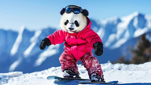 A panda dressed in bright winter gear snowboards on a mountain slope during a clear, sunny day in the winter season