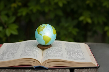Miniature globe on open book representing global knowledge and education
