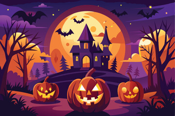 Halloween Night Haunted House Spooky Pumpkins Bats Moon