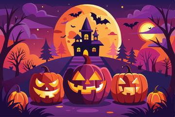 Halloween Night Haunted House Pumpkin Spooky Scene
