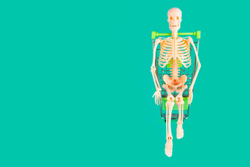 Skeleton in Pushcart on Green Backdrop with Copy Space