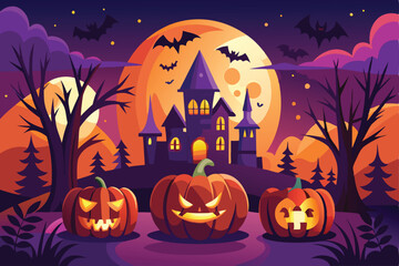 Fototapeta premium Spooky Halloween Night Haunted House With Pumpkins