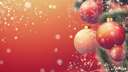 Festive Christmas Ornaments on Sparkling Red Background
