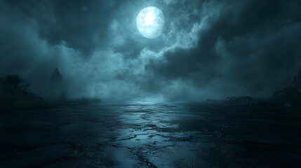 Obraz premium Nighttime Landscape with a Full Moon and Silhouetted Rocks