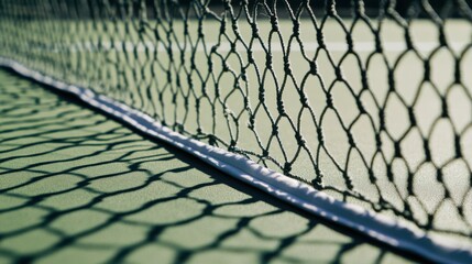 Fototapeta premium A tennis net with detailed fibers and the green court surface, outdoor setting with shadows of the net, Textured style