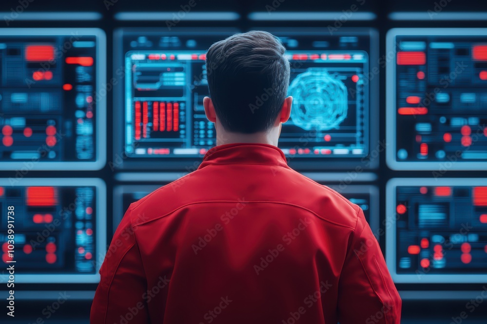 Poster a person in a red jacket observing multiple screens with data and graphics in a modern tech environm