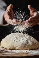 Obraz premium a fine looking bread dough on wooden table with two hands setting ready to knead above, a splash of flour, dark background