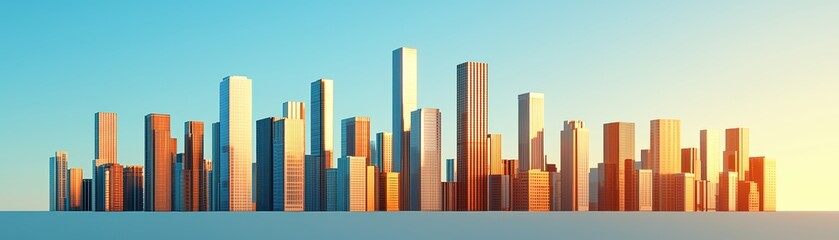 Fototapeta premium A stunning skyline showcasing modern skyscrapers against a clear blue sky during sunset.