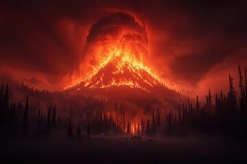 A stunning volcanic eruption with fiery lava and dark smoke, surrounded by a forest landscape.