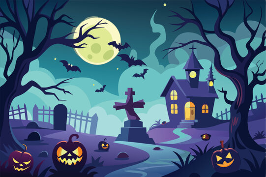 Haunted Graveyard Halloween Night Spooky Scene