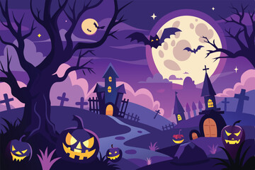 Spooky Halloween Night Scene with Pumpkins