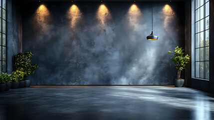Fototapeta premium Industrial Interior Design 3D Illustration - Dark Walls, Concrete Floor, Window